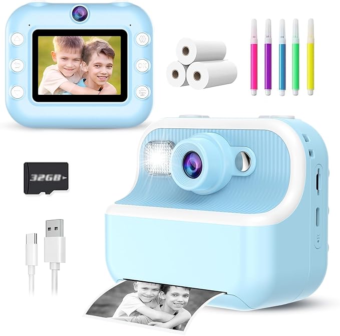 Kids Camera Instant Print, Christmas Birthday Gifts for Kids Age 3-12, HD Camera for Kids with Printing Photo Paper, Portable Toy for 4 5 6 7 8 9 10 Year Old Girl with 32GB SD Card-Blue
