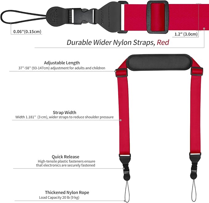 Universal Shoulder Strap, Neoprene Padded Bag Strap with Double Adjustable Buckles, Comfortable Neck Lanyard for Camera, Cellphone Tablet,iPad, Laptop, Binocular, Luggage Bag(Red)