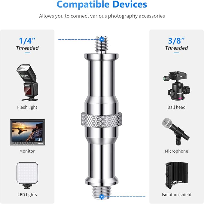 NEEWER Pack of 3 Standard 1/4 to 3/8 Inch Metal Converter Thread Adapter Spigot Stud for Studio Light Stand, Hotshoe/Coldshoe Adapter, Ball Head, Wireless Flash Receiver, Trigger - ST23