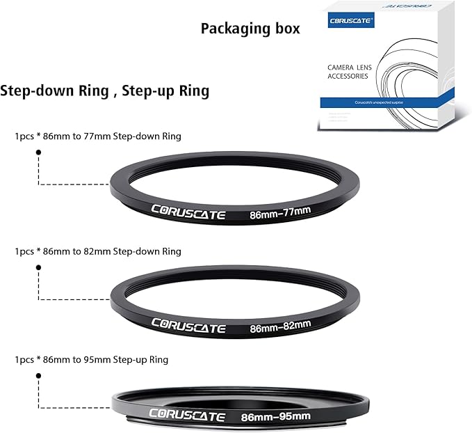 3Pcs 86-82mm/86-77mm/86-95mm Filter Ring Adapter,Metal Step Down Ring for All Brands Camera Accessory(for UV,CPL,ND,Threaded Lens Hood)