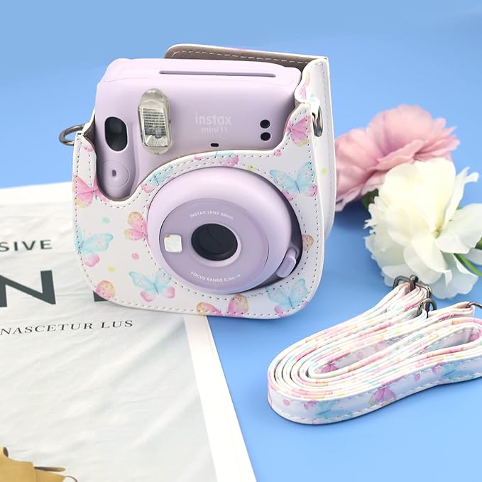 Frankmate Protective Case Compatible with Fujifilm Instax Mini 12 11 9 8 Instant Film Camera with Pocket and Adjustable Strap (Pink Butterfly)