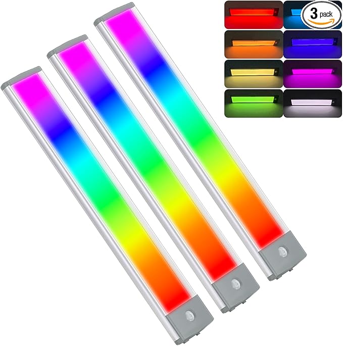 LEPOTEC Motion Sensor Cabinet Lighting,RGB LED Closet Lights Wireless USB Charging Cupboard Night Lights Bar for Under Counter,Kitchen,Bedroom, Home Decoration, Wedding, Christmas,3 Packs