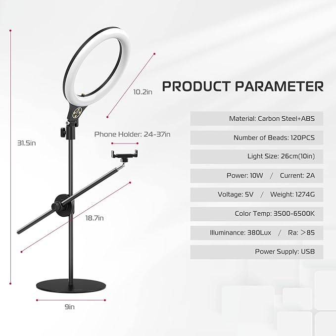 ULANZI Overhead Phone Mount Tripod with Light, 3500k-6500K 10" Desk Ring Light with Stand and Phone Holder for Video Recording, Zoom Meeting, Make Up, Cooking, Selfie, Live Streaming, Tiktok, YouTube