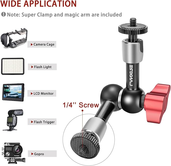 Super Camera Clamp with 5 x 1/4" and 1 x 3/8" Thread - 5.9" Rosette Magic Arm - 1/4"-20 Screw - for Smallrig Camera Cage, Monitors, LED Lights, Action Camera - Max Load up to 2kg/4.4lb