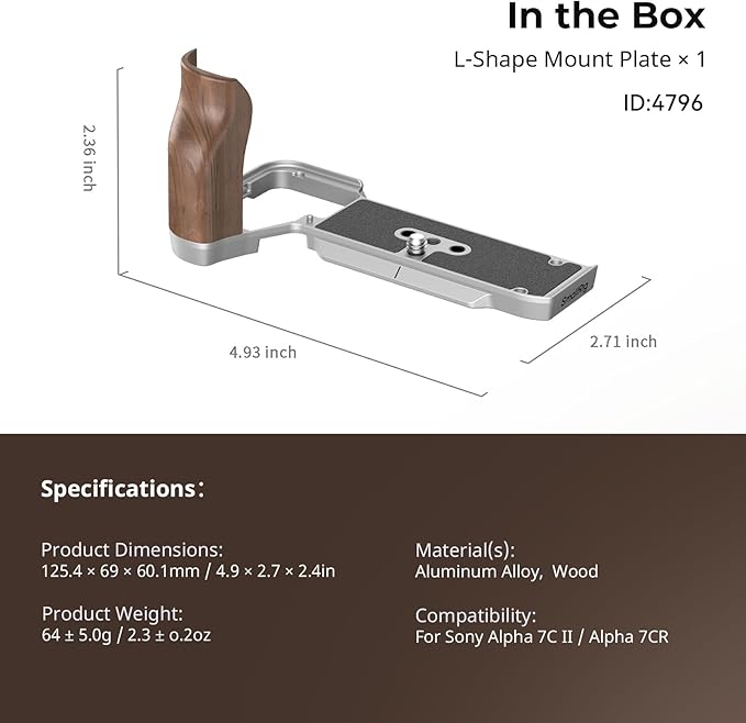 SmallRig A7C II / A7CR Handgrip L-Shape Grip for Sony Alpha 7C II/Alpha 7CR, Quick Release Plate for Arca, Lightweight Wooden Side Handle, for Quickly Switch on Tripods/Handheld Shooting - 4796B