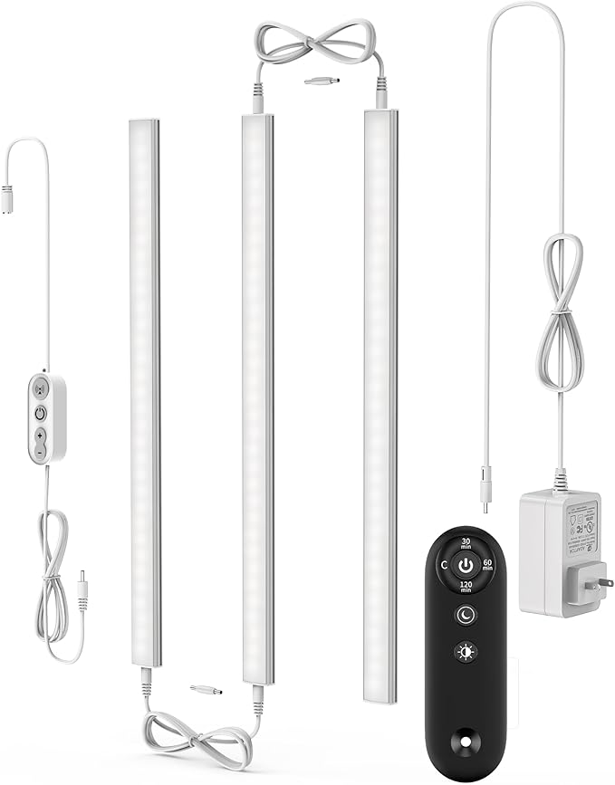 Remote Control Under Cabinet Led Light Plug in, Dimmable Daylight White 4500K, 3 Pack 12 inch Linkable Under Counter Lights for Kitchen Upgrade ETL Listed Plug 24V, UNO-LK 4500K