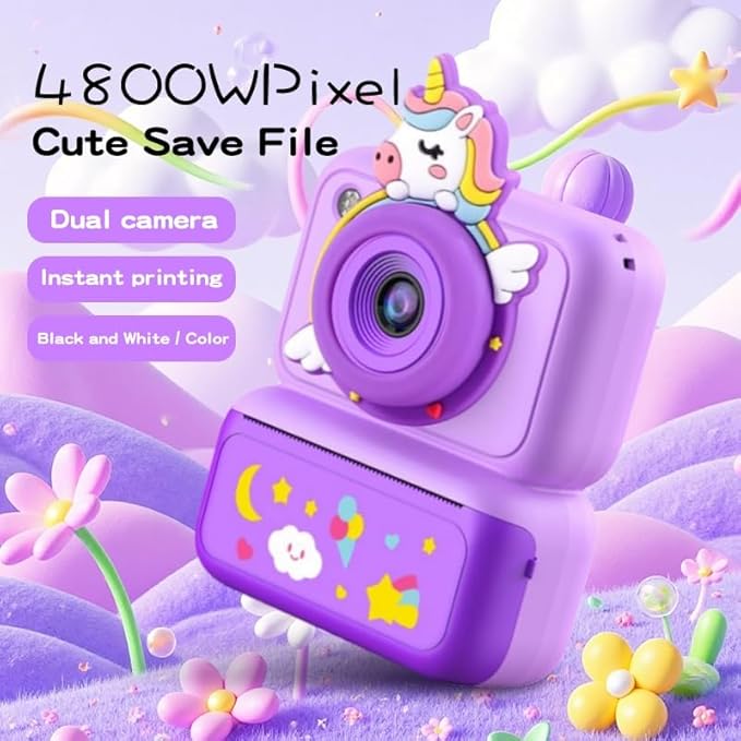 Kids Instant Print Camera, 2.4" HD Screen Instant Camera, Dual 3MP Kids Camera, 1080P Video, MP3 & Games, Includes Printing Paper & Lanyard, Gift for Boys & Girls (Pink-Black and White Printing)