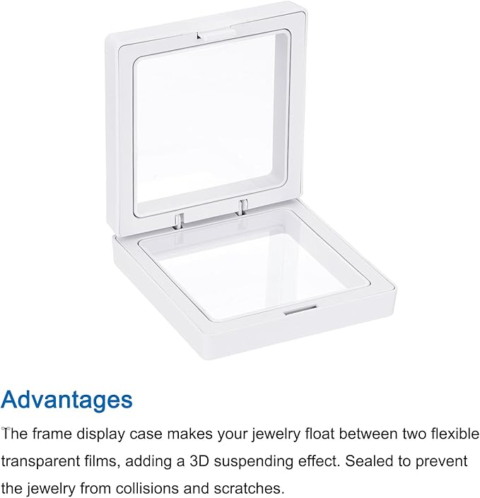 MECCANIXITY Floating Frame Display Holder Stand 3D Jewelry Display Box 2.76 x 2.76 x 0.79 Inch White for Ring Necklace Bracelet Earring Pack of 2
