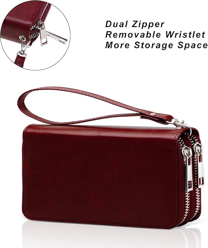 Cellphone Wallet for Women Dual Zipper Long Purse with Removable Wristlet