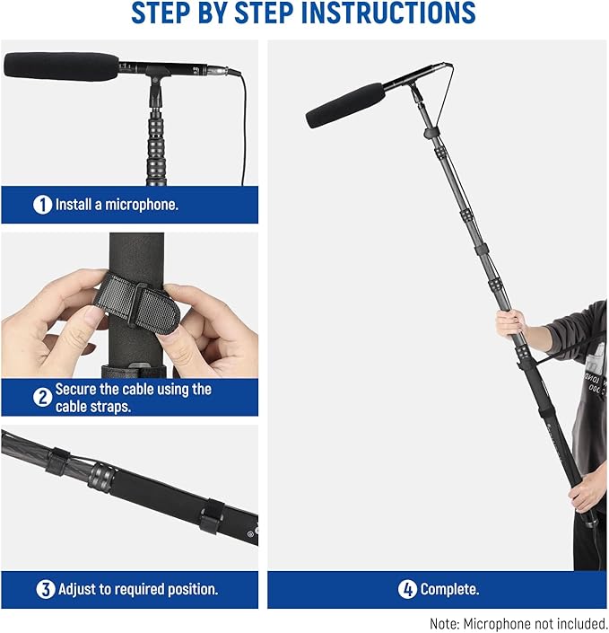 NEEWER Upgraded Microphone Boom Pole, 9.8ft/300cm Telescopic Carbon Fiber Mic Boom Arm with 5 Sections, 1/4" 3/8" 5/8" Screw Adapters, Cable Straps, Shoulder Strap & Storage Bag, MS-300CB (Black)