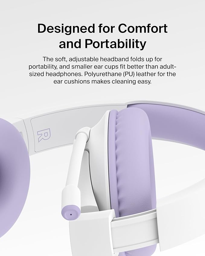 Belkin SoundForm Inspire Wired Over-Ear Headset for Kids, Online Learning & Travel w/Built-in Boom Mic, 85dB Safe Volume Limit - USB-C & 3.5mm - Compatible w/iPhone, iPad, Galaxy & More - Lavender