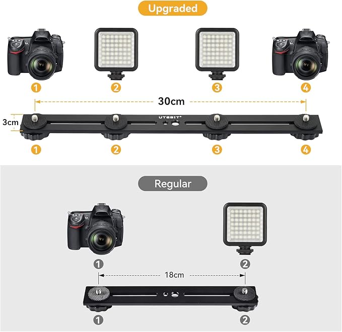 UTEBIT 13 inch Flash Bracket, Long Dual Camera Mount Flash Bracket Extension Bar with 1/4“ Hot Shoe, Straight Flash Brackets 1/4-3/8 Thread Hole Tripod Mount for Camera/LED Light/Microphone