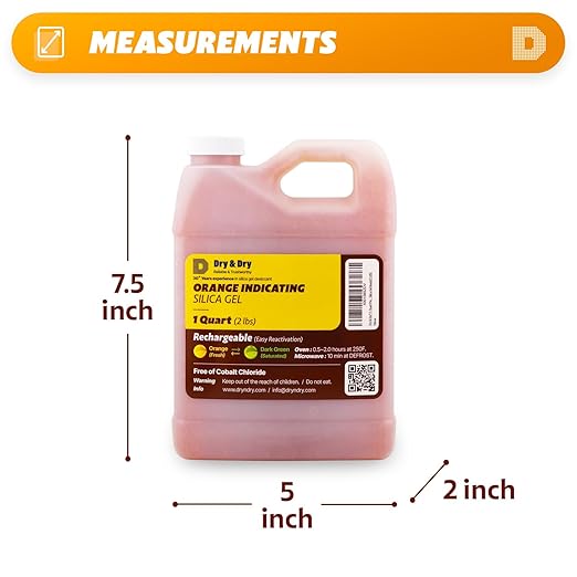 "Dry & Dry" [1 Quart] Premium Orange Indicating Silica Gel Desiccant Beads(Industry Standard 3-5 mm) - Rechargeable Silica Gel Beads(2 LBS)