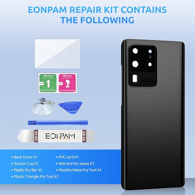 Back Glass Replacement for Samsung Galaxy S20 Ultra SM-G988 Back Cover Rear Housing with Camera Lens + Repair Tool Kit Genuine Rear Glass (Black)