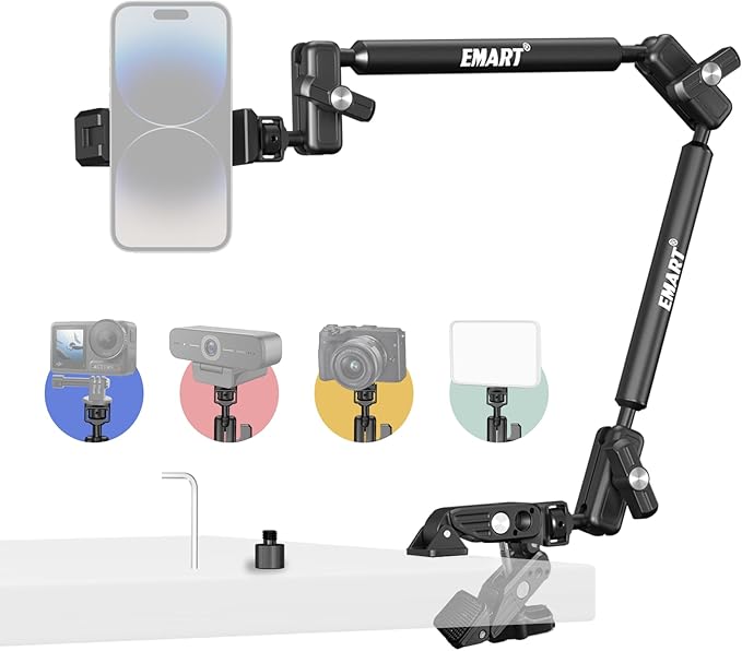EMART Overhead Phone Mount with 22" Magic Arm, Super Clamp with 1/4" 3/8" Threads for ARRI, Flexible Camera Desk Mount, Adjustable Articulating Boom Arm for Webcam/Mic/Action Camera/Phone/Video Light