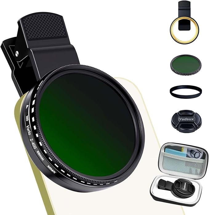 ND Filter for iPhone,Clip-on Phone Lens Adjustable Neutral Density Filter Kit,Variable 2-400 (1-16 Stops) Multiple Coatings, Water and Scratch Resistant.