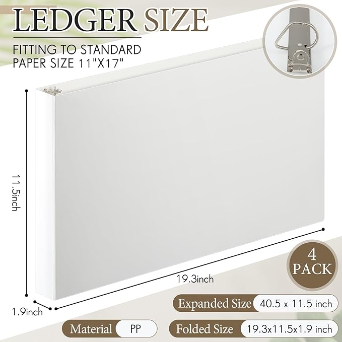 Humyoun 4 Pcs 11 x 17 Inch 3 Ring Binders 1.5 Inch Rings Heavy Duty View Plastic Flexible D Ring Binders Economy Holds 11" x 17" Paper for Artwork Blueprints, Office, Home, Work Places(White)