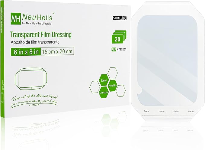 NeuHeils Transparent Film Dressing, Size 6''x8'', 20 Packs, Tattoo Aftercare Bandages, Large Waterproof Wound Cover Patch, Post Surgical Shower Shiled, IV Shield, PICC Catheter Shower Cover