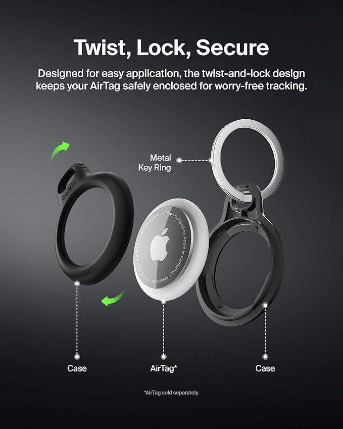 Belkin Apple AirTag Secure Holder with Key Ring - Durable, Scratch-Resistant Case with Open Face & Raised Edges - Protective AirTag Keychain Accessory for Keys, Pets, Luggage, & More - Black