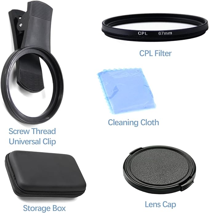 67MM CPL Filter for All Smartphones, Clip On Phone Filter Kit with Lens Cover and Protect Box, Universal Phone Clip Polarized Lens Compatible with iPhone 16 Pro Max 15 14 13