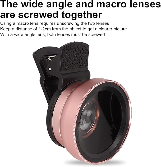 EBTOOLS 2 in 1 Clip on 0.45x Wide Angle+12.5X Macro Lens, Universal HD Camera Lens Kits for Mobile Phones, Tablets, Rose Gold