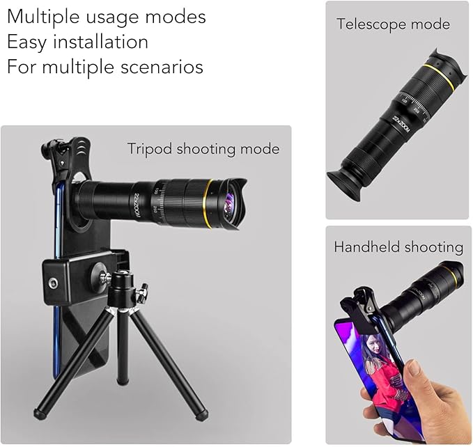 Cyrank Cell Phone Camera Lens Kit, Universal 32x Telephoto Lens, Portable 32X Mobile Phone Zoom Lens Clip On Double Adjustment HD Mobile Phone Telescope Len for Most Smartphone (Black)