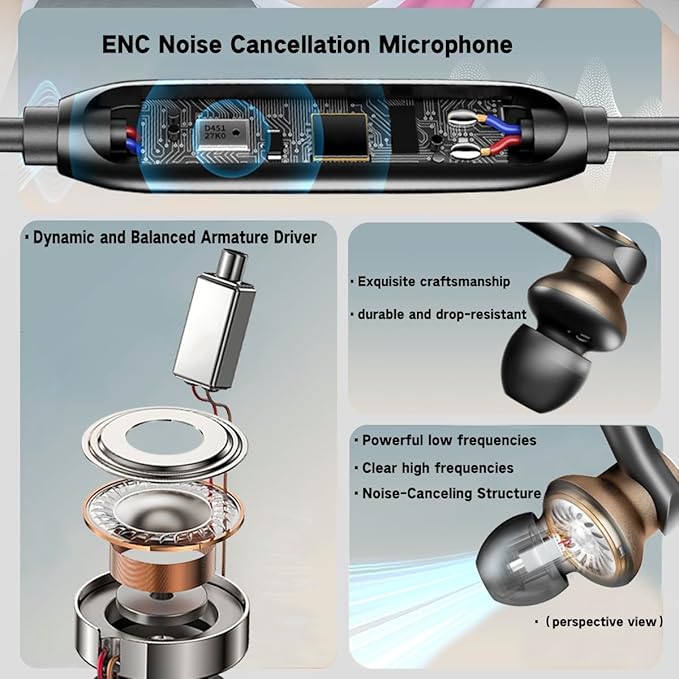 Type C Wired Earbuds with Noise-Canceling Microphone,Immersive Stereo Bass USB C In Ear Headphones Dynamic and Balanced Armature Subwoofer Noise Reduction Wired Earphones,Volume control,HD Audio
