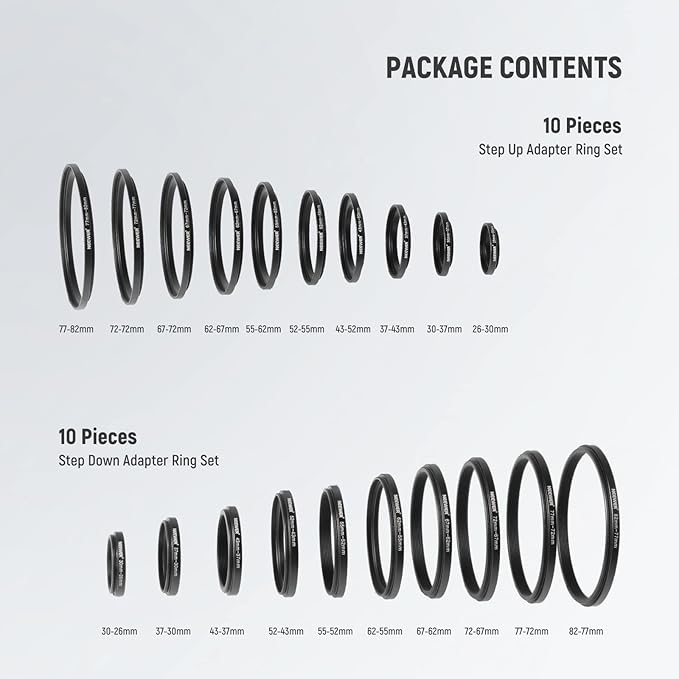 Neewer 20 Anodized Black Metal Lens Filter Adapter Rings - 10 Step Up + 10 Step Down Set