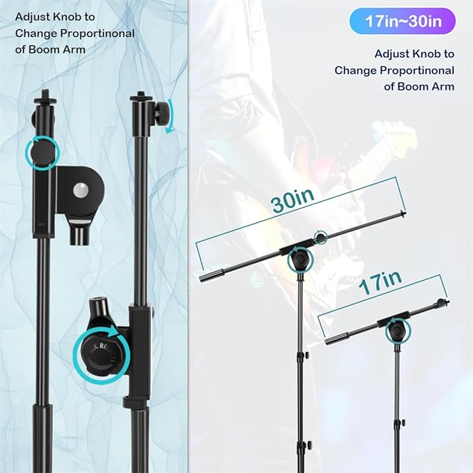 Microphone Stand Floor Foldable Mic Stand Heavy Duty Tripod Boom Arm with 2 Screws Adapter 2 Mic Clips 2 Foam Covers and Carrying Bag for Singing Karaoke Stage HLS02