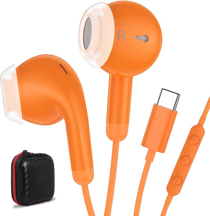 USB C Earbuds Wired USB Type-C Headphones for Apple iPhone 17 16 15 Pro/iPad 10th Generation for Galaxy S26 Pixel 10 Earphones with Microphone Volume Control Noise Isolating HiFi Stereo Headset Orange