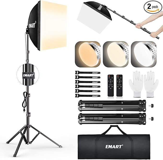 EMART Softbox Lighting Kit, 16"X16" Soft Box, 3000K-6000K 85W LED Bulbs with Remote, 65" Tripod, Professional Softbox Photography Lighting Kit for Studio Lights, Portrait, Video Recording(2PACK)