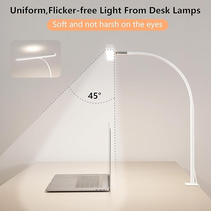 LED Desk Lamp for Office Home, Adjustable Flexible Eye-Caring Desk Light with,5 Modes 10 Brightness Adjustment, USB Adapter Desk Lamp with Clamp-T-W