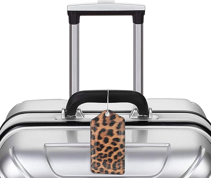 (Set of 2) Luggage Tag Leather Privacy Cover ID Label Address Card with Stainless Steel Loop, Travel Bag Tags Suitcase Labels, Leopard Leather