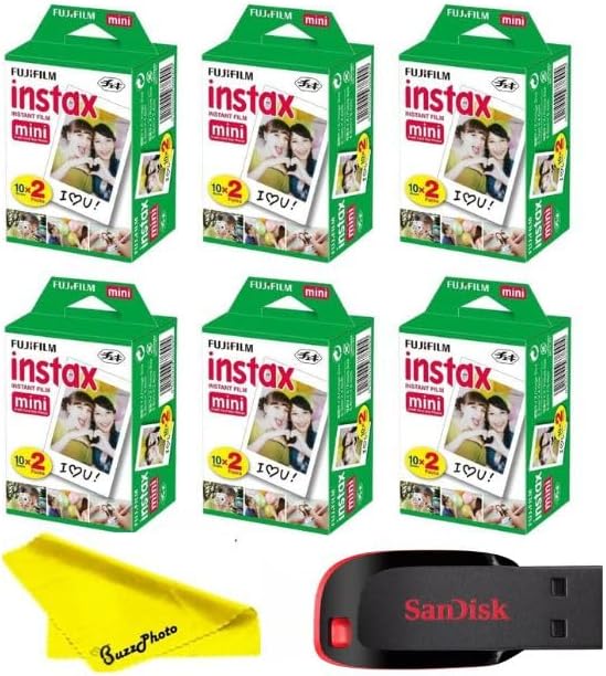 Fujifilm Instax Mini Instant Camera Film with Sandisk 32 GB USB Flash Drive + 6 x Mini Twin Packs (120 Sheets) and Buzz-Photo Microfiber Cleaning Cloth