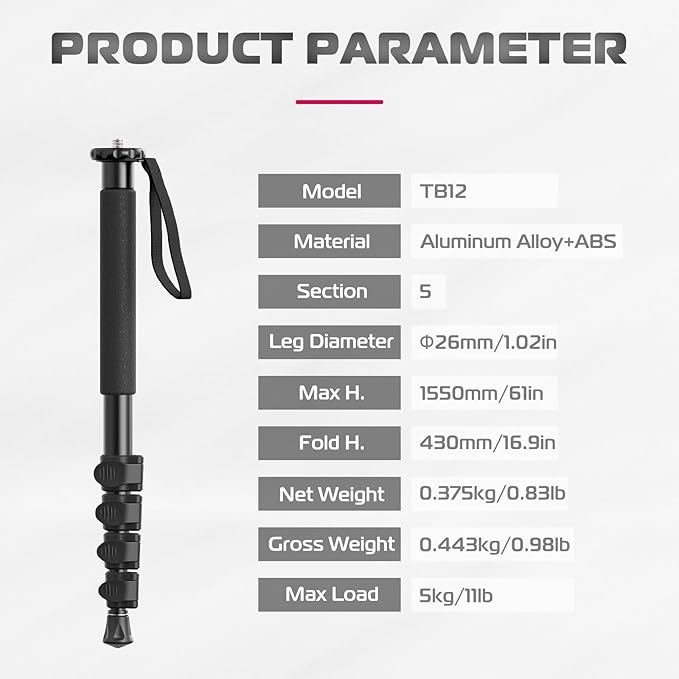 ULANZI TB12 61-Inch Camera Monopod - Portable Tripod & Monopod Photography Stick with 5-Section Height, Aluminum Compact Travel Camera Stick for Canon, Nikon, Sony Mirrorless, DSLR, Easy to Carry