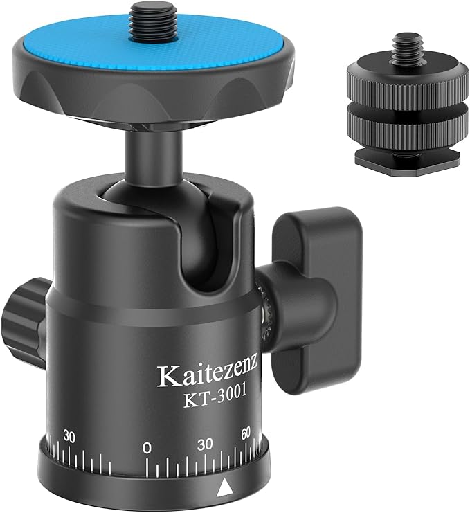 Mini Ball Head, Panoramic Camera Tripod Head with 1/4" Screw and Dual Hot Shoe Mount, 360 Rotatable Metal Adapter for DSLR Camera Tripods Monopods Camcorder Light Microphone, Max Load 5.5lbs