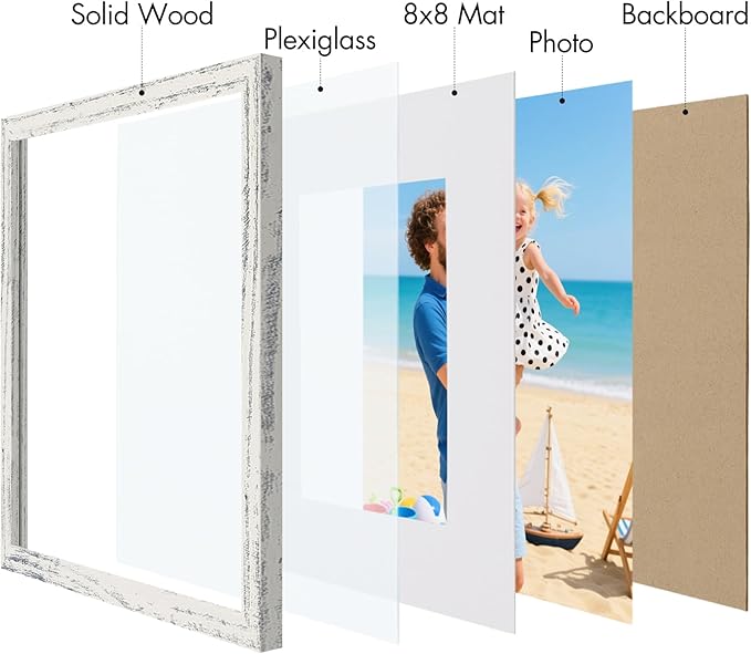 Vittanly 12x12 Picture Frame, Made of Solid Wood and Shatterproof Plexiglass, Display Pictures 8x8 with Mat or 12x12 without Mat, Wooden Photo Frame for Wall Mounting, Distressed White, 1 Pack