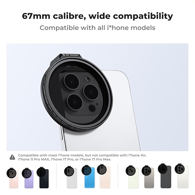 K&F CONCEPT Clip On 67mm Variable ND2-32 Magnetic Phone Lens Filter Kit, Phone Clip with Magnetic Adapter Ring/Cold Shoe/Locking Knob, Neutral Density Filter Compatible with iPhone 16 15 Pro Max 14 13