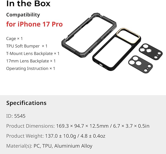 SMALLRIG Mobile Video Cage for iPhone 17 Pro, Case with T-Mount Lens Backplate and 17mm Threaded Lens Backplate, TPU Soft Frame, Aluminium Phone Rig for Videography Recording Vlog, Basic Edition-5545