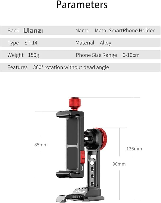Cell Phone Tripod Mount, ULANZI ST-14 Smartphone Tripod Mount Adapter Aluminum with Cold Shoe, 360° Cell Phone Stand Holder Clamp for iPhone17 16 15 14 13 12 11 Max Pro iPhone X XR Xs 6 7 Plus