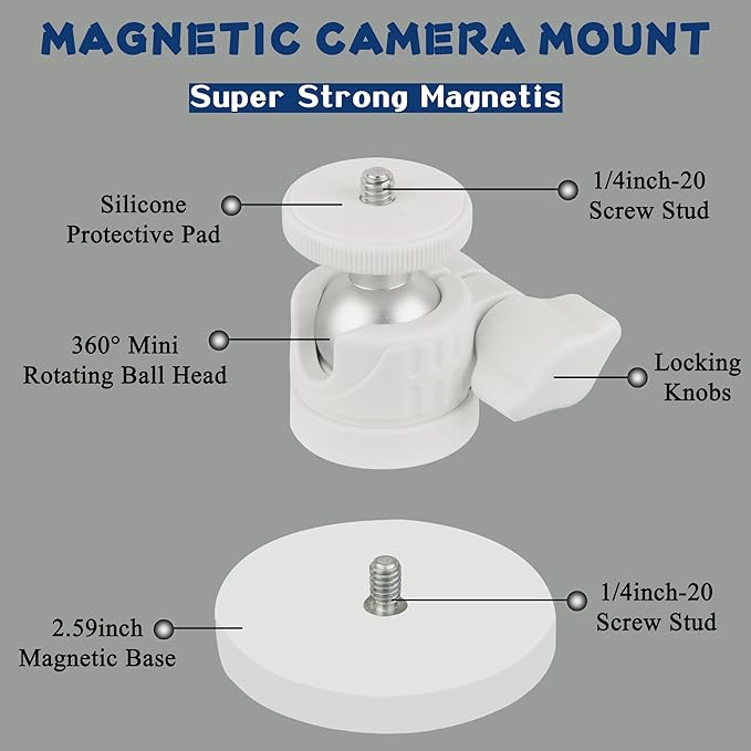 ULIBERMAGNET White Magnetic Camera Mount, Strong Magnetic Mount with 360° Rotation Ball Head, Security Camera Holder with 1/4 inch Thread for GoPro,DJI OSMO Action