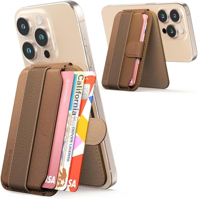 Sinjimoru Magnetic Wallet for iPhone, Phone Wallet with Adjustable Stand, Compatible with MagSafe, Brown