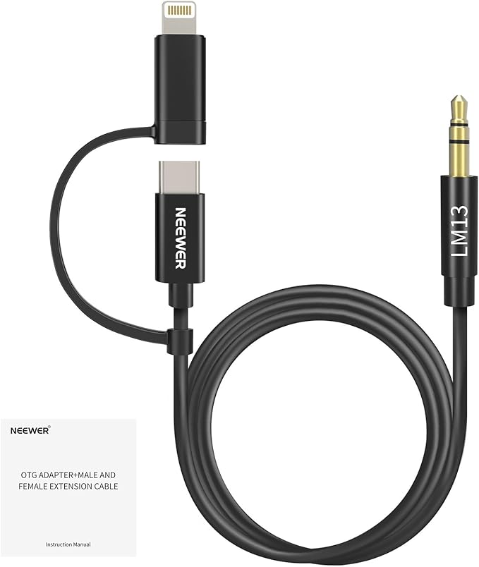 NEEWER 3.3ft/1m 2 in 1 AUX Cable, 3.5mm TRS to USB C/iOS Audio Cable Compatible with iPhone 16 Pro Max 15 14 13 12 Android Samsung S25 Ultra S24 S23 Smartphone Tablet Headphone, LM13