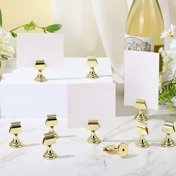 Kathfly 48 Pcs Metal Table Number Holders 1.7 Inch Gold Mini Place Card Holders Bulk Harp-clip Table Sign Stands Card Holder Display Picture Memo Notes Menu for Weddings Restaurants Birthday Decor