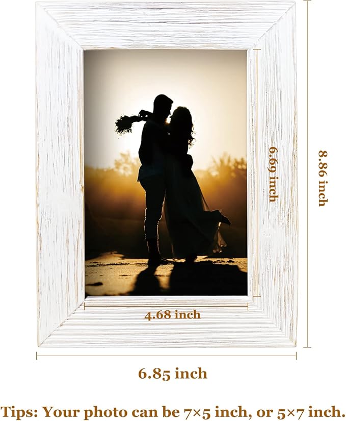 Wooden 5 x 7 Picture Frame Distressed Farmhouse Weathered Rustic Photo Frame Vintage White Wood Grain & Clear Glass Front Tabletop Display Wall Mounting Wedding Baby Family Portraits Home Office Decor