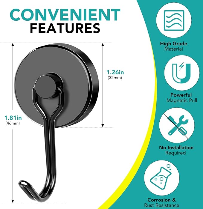 DIYMAG Black Magnetic Hooks Strong Magnetics Heavy Duty 2026 Cruise Cabin Ship Essentials Magnet Hook with Metal Hanger for Hanging Refrigerator Home Kitchen Office 4Pack