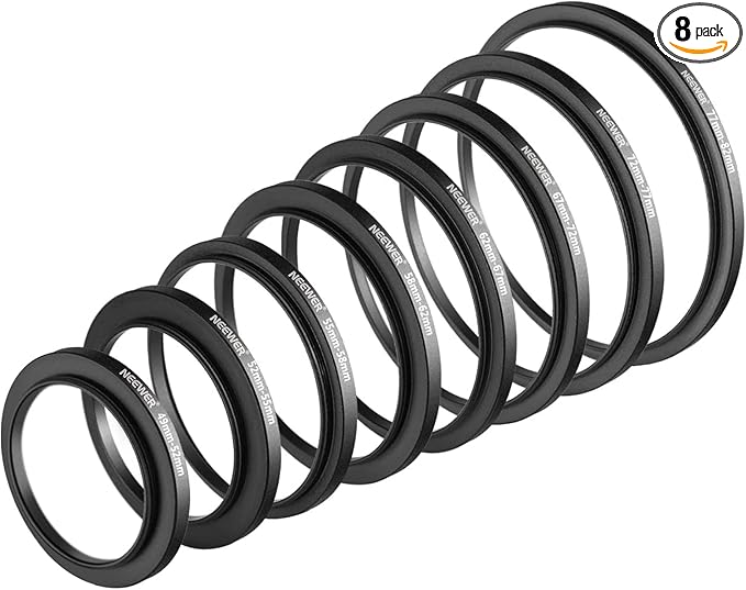 Neewer® 8 Pieces Step-up Adapter Ring Set Made of Premium Anodized Aluminum, Includes: 49-52mm, 52-55mm, 55-58mm, 58-62mm, 62-67mm, 67-72mm, 72-77mm, 77-82mm-Black