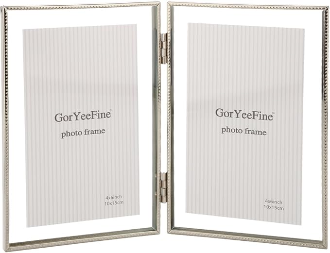 Silver 4x 6'' Double Hinged Floating Frame, For Photo Sizes (2x3'' 3.5x 5'' up to 4x6'' ), Beautiful Metal Lace Edge Frames Adjustable Tabletop/Shelf Photo Frame, Classy Gift Choice for Wedding,