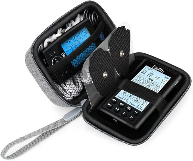 Belifu Storage Bag, Hard Travel Case for Tens Unit, Wires and Electrode Pads, Portable Zipper Bag with Film and Mesh bag