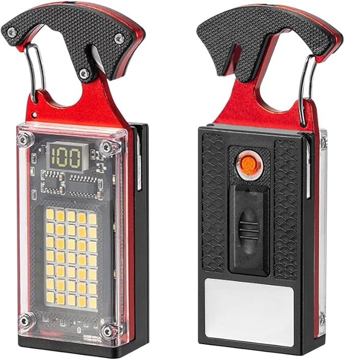 BY-J LED Multitool Small Flashlight, Keychain Light, COB Multi-Function Mini Work Light, 1000 Lumens Rechargeable, 8 Lighting Modes, Fire Starter, Seat Belt Cutter, Screwdriver, Red